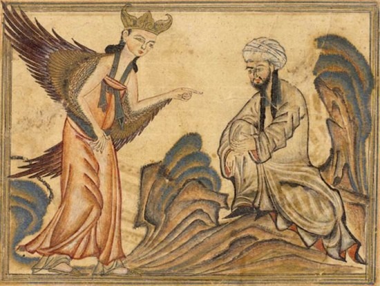 Muhammad reçoit la révélation de l’ange Gabriel. Compendium des Histoires (Jâmi‘ al-tawârikh) de Rashîd al-dîn, manuscrit illustré produit à Tabriz au début du XIVe siècle (Edinburgh University Library, MS Arab 20).